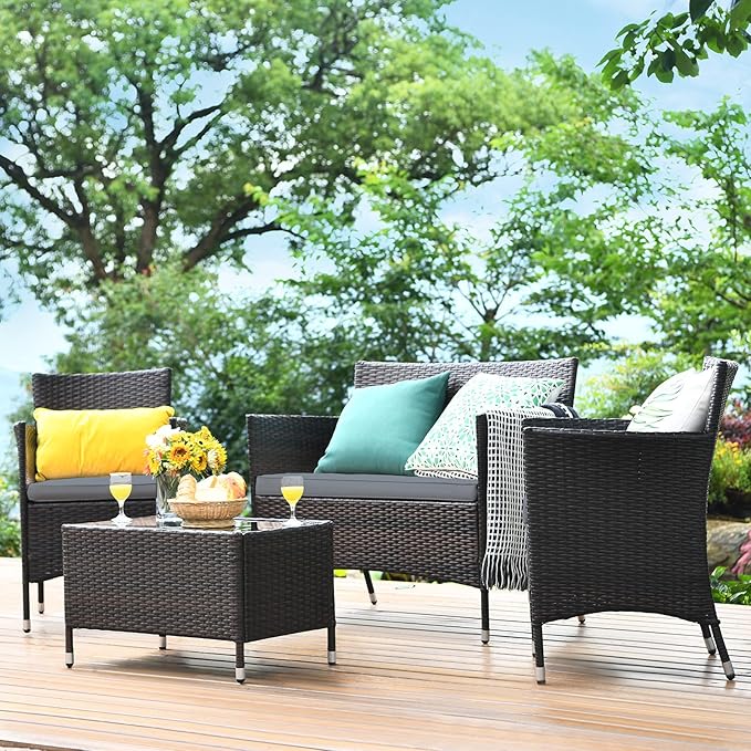 Tangkula 4 PCS Patio Rattan Conversation Set, Outdoor Wicker Furniture Set with Tempered Glass Coffee Table &Thick Cushion, Rattan Chair Wicker Set for Garden, Lawn, Poolside and Backyard (1, Gray)