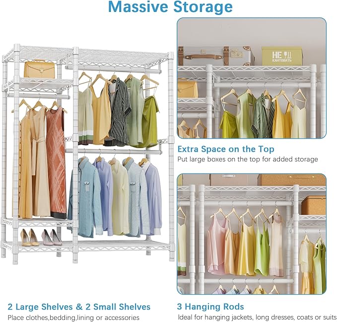 VIPEK V2S Heavy Duty Clothes Rack 4 Tiers Wire Shelving Garment Racks with 3 Hanging Rods Compact Freestanding Closet Metal Closet Rack, Max Load 700LBS, White