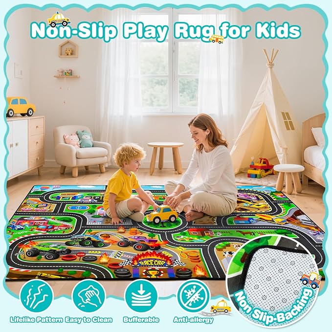 Kids Rug, 3x5 Ft Non-Slip Monster Truck Play Rug, Extra Thick (0.4in), Educational LearningTraffic Road Car Carpet for Nursery, Classroom, Playroom & Bedroom