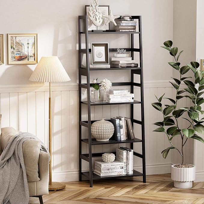 Ladder Shelf, 5-Tier Bookshelf, All Bamboo Heavy Duty Bookcase, Freestanding Open Wood Storage Rack, Modern Corner Display Plant Stand for Living Room, Home Office, Bathroom, Bedroom, Black