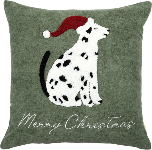 Cute Spotted Dog Christmas Pillow Covers 18x18, Embroidered Throw Pillow Covers Christmas Decorations Holiday Pillows for Home Couch, Green White/Black Velvet Cushion