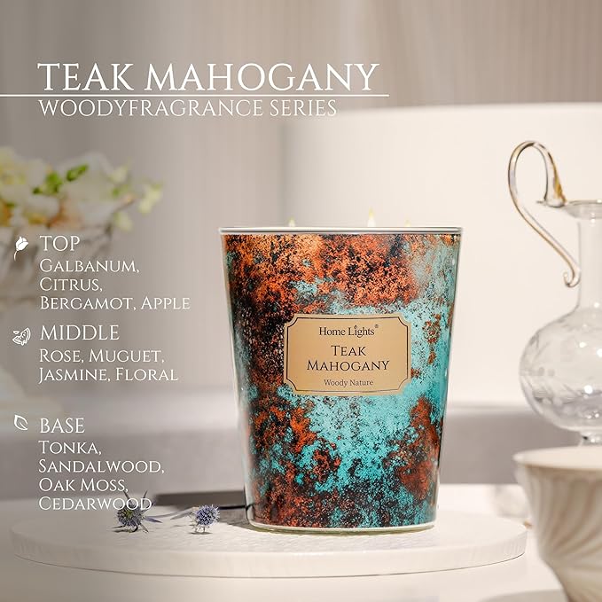 HomeLights Large jar Candle | 3-Wick Long-Lasting Scented Candles, 34oz Natural Soy Wax Candle for Home Scented, Industrial Chic Gifts for Women & Men, Teak Mahogany
