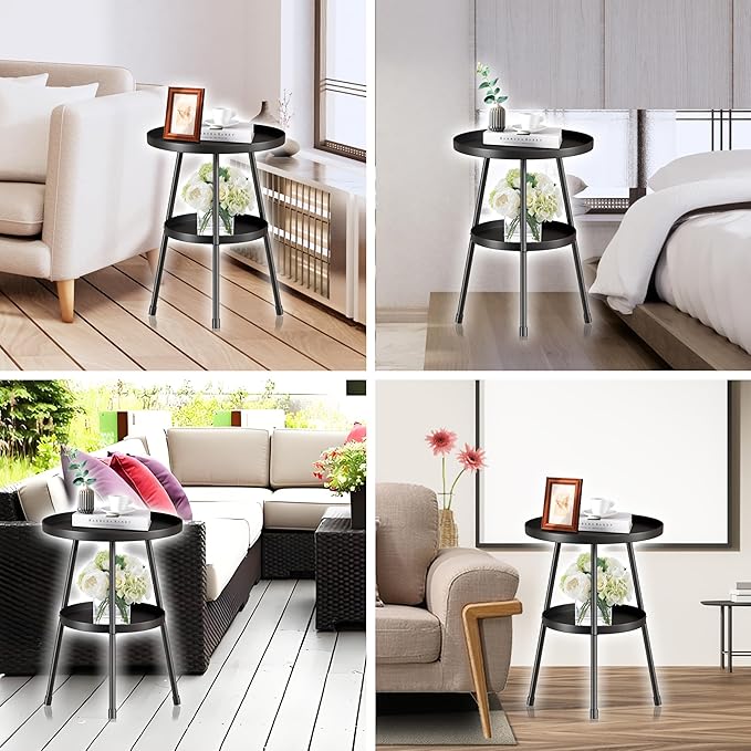 Small Side Table Round 2 Tier End Table Metal Round Coffee Tables Nightstand for Small Spaces Indoor Outdoor and Living Room Bedroom or Office