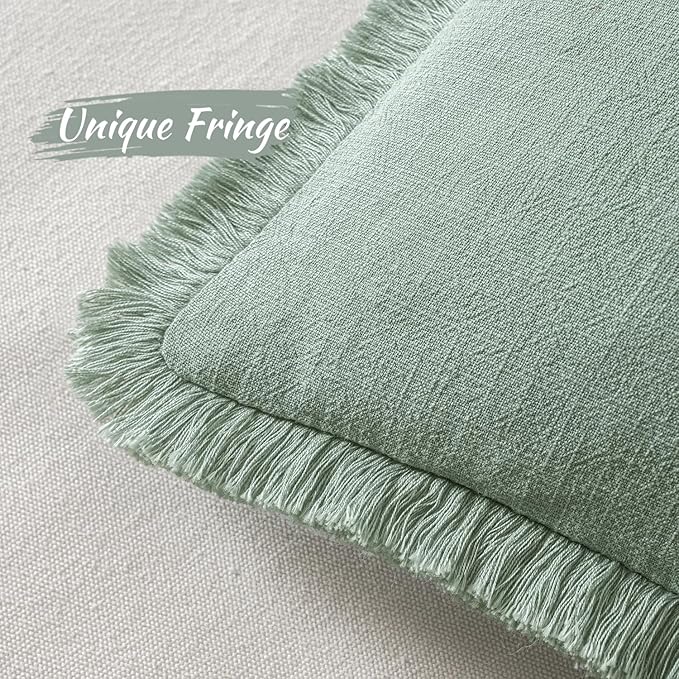 MIULEE Decorative Throw Pillow Covers Neutral Linen Fringe Throw Pillows Set of 2 Aqua Green Boho Farmhouse Cushion Covers with Tassels for Couch Sofa Bed Living Room Spring Home Decor 18x18 Inch