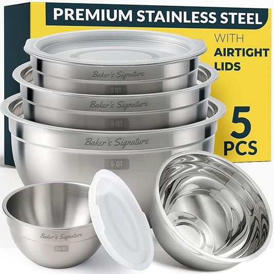 Baker's Signature Stainless Steel Mixing Bowls With Lid, Metal Mixing Bowl Set Of 5, Nesting Set For Food Prep, Baking,Storage, Cooking, Serving | Dishwasher Safe, 0.5/1.5/3/4/5 Qt