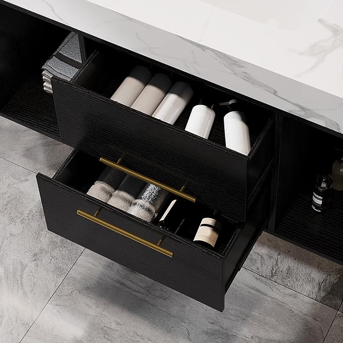 Goujxcy 39.4" Wall Mounted Bathroom Vanity with Sink, Modern Floating Bathroom Cabinet with Ceramic Sink & 2 Drawers, Wood Hanging Bath Room Cabinet with Soft-Close System (White & Black)