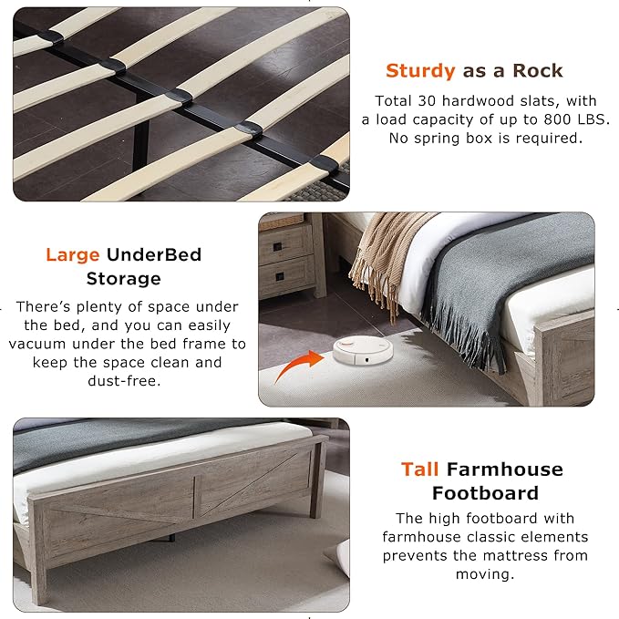 T4TREAM Farmhouse King Size Bed Frame w/Storage Bookcase Headboard, Sliding Barn Door, Charging Station, Rustic Wood Platform Bed w/Wood Slats Support, No Box Spring Needed, Light Rustic Oak