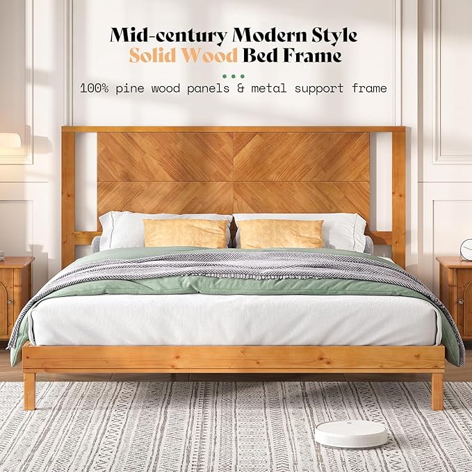 AMERLIFE Solid Wood King Size Bed Frame with Headboard, Mid Century Modern Style Platform Bed with Under-Bed Storage, No Box Spring Needed, Noise Free, Easy Assembly, Light Brown