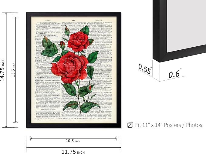Poster Master Dictionary Art Poster - Red Roses Print - Flower Art - Floral Art - Gift for Men, Women & Florist - Minimal Decor for Living Room, Bedroom, Dorm or Flower Shop, 11x14 Black Framed