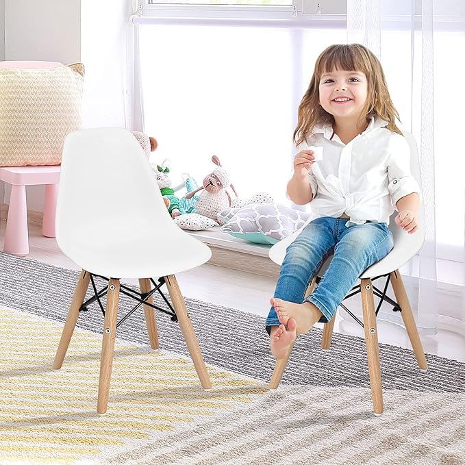 Costzon Kids Chair 4 Pcs, Toddler Chair in Mini DSW Size w/Solid Wood Legs, Wire Steel Base, Curved Backrest, Mid-Century Plastic Study Chair for Children of 3+, Ideal for Nursery, School & Home Use