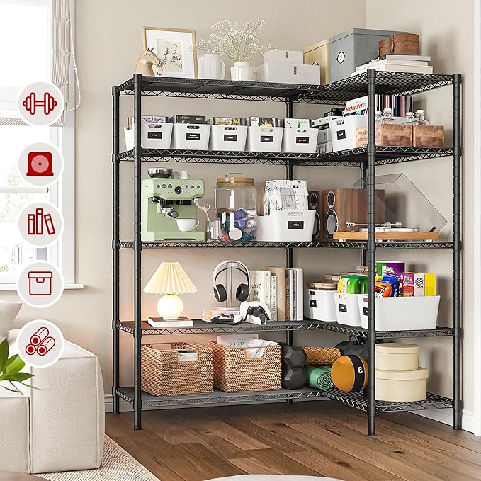 REIBII1450LBS Metal Shelving Unit Storage Shelves 5 Tier Wire Shelving 58.1''W Pantry Shelves Wire Shelf Adjustable Garage Shelving Heavy Duty Storage Rack for Pantry Kitchen Garage, Black