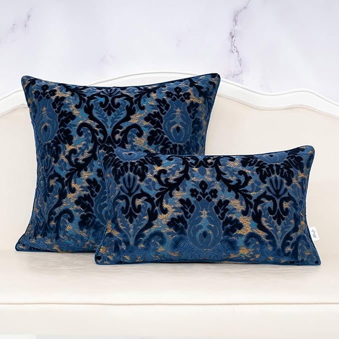 Alerfa Boho Blue Floral Throw Pillow Cover 20x20 Inch Cut Velvet Sqaure Luxury Embroidered Decorative Pillow Cover for Couch Living Room Bedroom