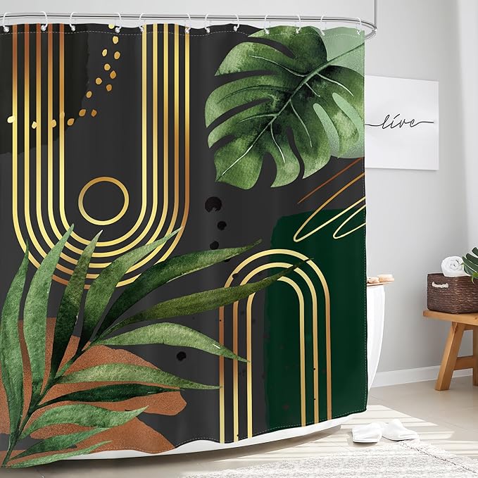 Glawry Dark Green Gold Boho Mid Century Shower Curtain Abstract Tropical Plant Minimalist Modern Geometric Palm Leaf Bathroom Simple 60Wx72L Inches Bath Accessories Art Home Decor Fabric 12 Pack Hooks