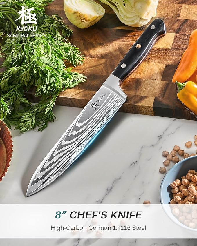 KYOKU 8" Chef Knife, Samurai Series Japanese Chef's Knife with Sharpening Stone, High Carbon Steel Kitchen Knife with Pakkawood Handle Mosaic Pin Gift Box for Meat Vegetable Fruit Chopping Slicing