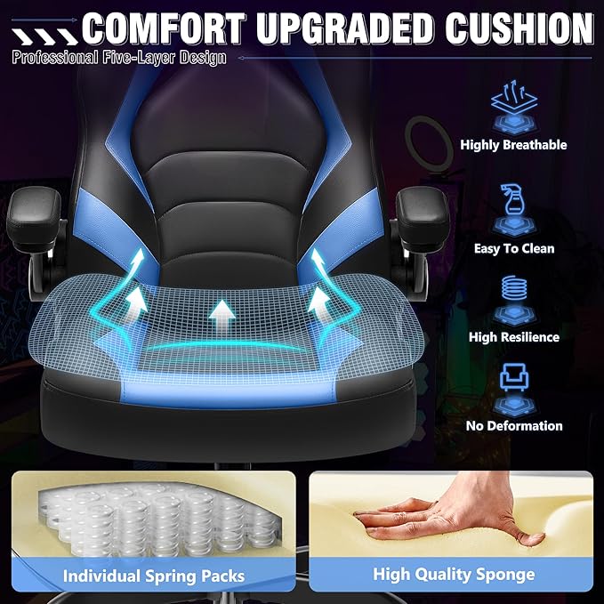 Gaming Chair, Leather High-Back Home Office Desk Chair with Flip-Up Arms, Ergonomic Padded Rolling Wheels Swivel Tilt Gamer Computer Chair with Comfy Lumbar Support, Height Adjustable, Blue