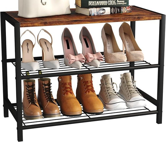Yusong Shoe Rack Organizer, 3 Tier Industrial Shoe Storage Shelf for Closet Entryway, Narrow Sturdy Metal Shoe Shelves, Rustic Brown