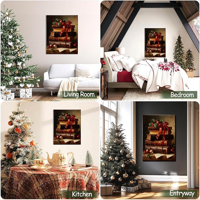 Dark Academia Christmas Canvas Wall Art - Vintage Books & Holly Framed Print for Library Reading Nook, Moody Winter Decor, Unique Christmas Gifts for Book Lovers & Festive Decorations