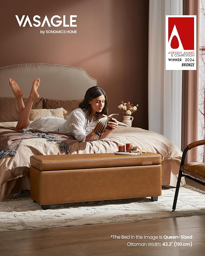 VASAGLE EKHO Collection - Storage Ottoman Bench, Entryway Bedroom Bench, 25 Gallons, Synthetic Leather with Stitching, Mid-Century Modern, Safety Hinges, Loads 660 lb, Caramel Brown ULOM075K01