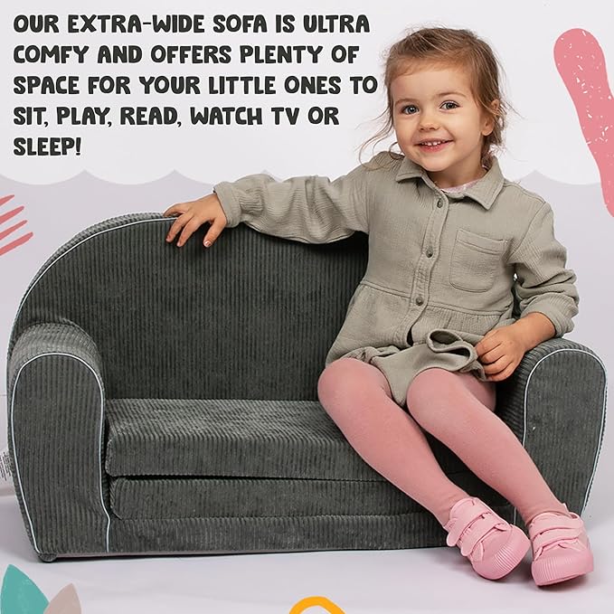 Delsit Kids Couch for Toddlers - 2 in 1 Convertible Foam Sofa to Lounger, Comfy Flip Out Lounge Chair for Children, Made in Europe