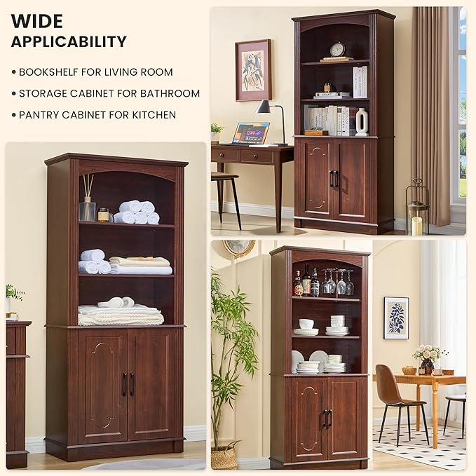 5 Tier Book Shelf and Bookshelf with Storage Cabinet Doors, 72 Inch Tall Bookcase, Wooden Cube Storage Organizer, Kids Bookshelf, Display Cabinet for Bedroom Furniture, Living Room, Pantry Cherry