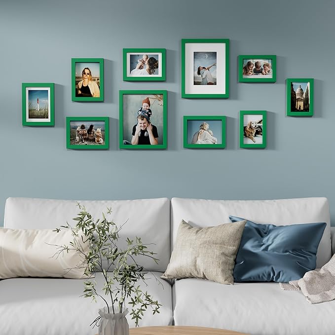Vittanly 10 Pack Picture Frames Collage Wall Decor, Gallery Wall Frame Set with 2Pcs 8x10, 4Pcs 5x7 and 4Pcs 4x6 Photo Frames, Picture Frame Set for Wall Collage or Tabletop Display, Green