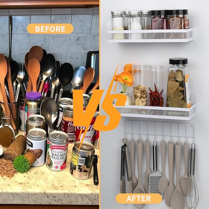 3-Pack Magnetic Spice Rack for Refrigerator, Moveable Shelf with 10 Hooks, Fridge Organizer for Kitchen Storage, White