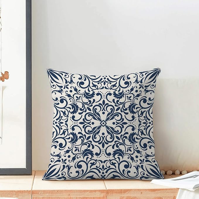 Navy Blue Boho Pillow Covers 18x18 Set of 2, Bohemian Ethnic Design Carpet Pattern Decorative Throw Pillows Linen Blue Print Farmhouse Cushion Pillow Covers for Sofa Couch Outdoor Decor
