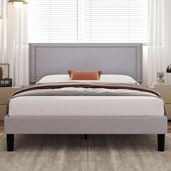 VECELO Queen Size Bed Frame with Adjustable Upholstered Headboard, Wooden Slats Platform, Noise-Free Design, No Box Spring Needed, Easy Assembly