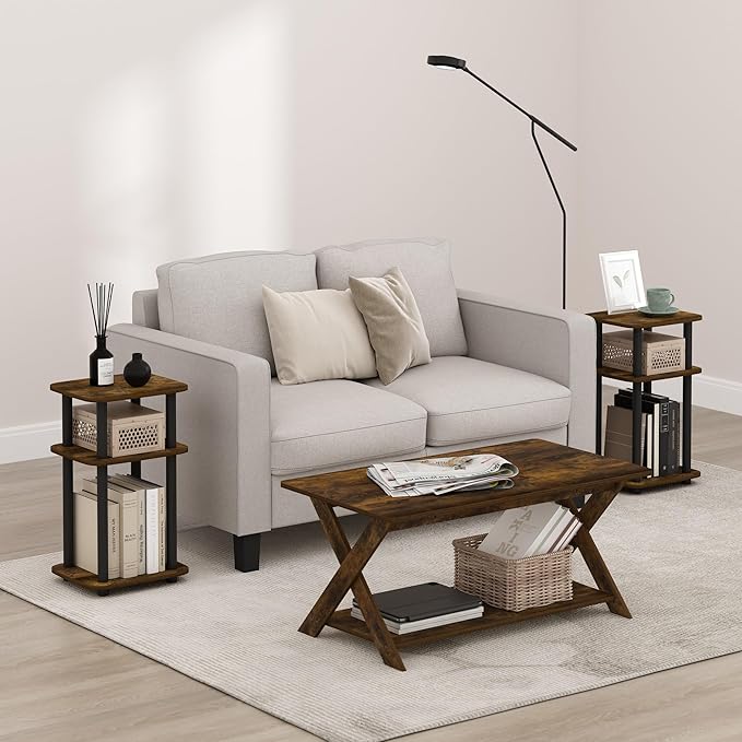 Furinno Just 3-Tier Turn-N-Tube Curve End Table, Side Table, 2-Pack, Amber Pine/Black