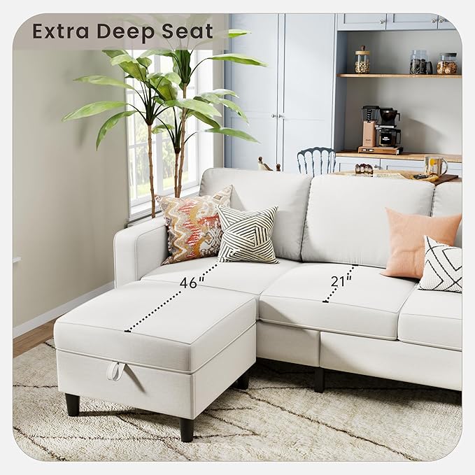 Sectional Sofa Couches for Living Room - Beige 3 Seat L-Shaped Couch with Storage Ottoman, Comfy Linen Convertible Sectionals Sofas with Chaise for Apartment, Office, Small Space