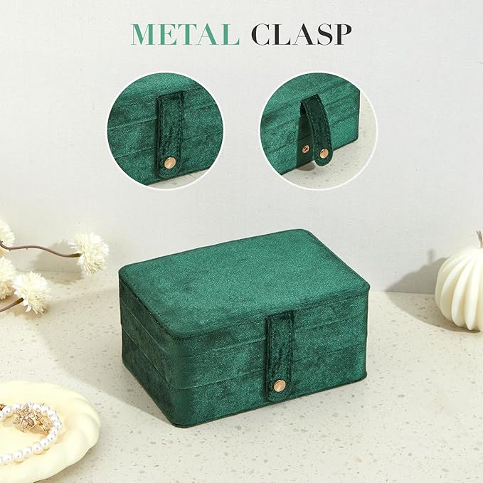 Velvet Small Jewelry Box for Women Girls, Double Layers Travel Portable Jewelry Case for Ring, Pendant, Earring, Necklace, Bracelet Organizer Storage Holder Boxes, Green