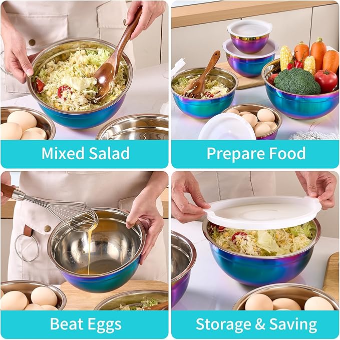 6 Piece Rainbow Mixing Bowls with Lids for Kitchen, Stainless Steel Mixing Bowls Set Ideal for Baking, Prepping, Cooking and Serving Food, Nesting Metal Mixing Bowls for Space Saving Storage