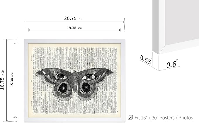 Poster Master Dictionary Art Poster - Butterfly Print - Eyes on Wings Art - Insect Art - Gift for Men, Women & Animal Lover - Gothic Decor for Living Room, Bedroom or Dorm, 16x20 White Framed
