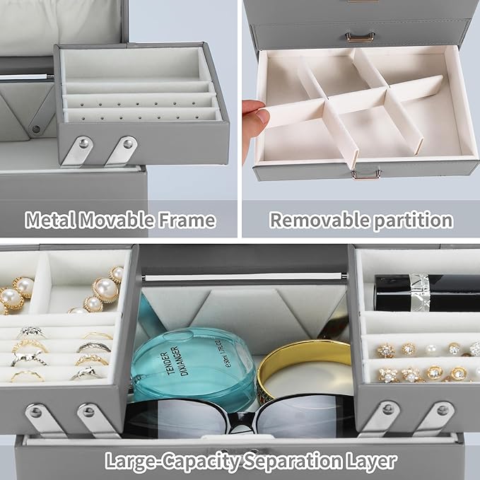 Dajasan Jewelry Holder Organizer Box, Jewelry Boxes for Women Girls, 4 Layers Large Jewelry Storage Box for Earring, Ring, Necklace, Bracelets (Grey)