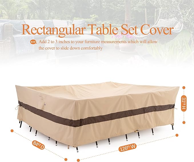 WJ-X3 Extra Large Patio Furniture Set Covers Waterproof, Outdoor Table Cover Heavy Duty, Lawn Sectional Set Cover Anti-Fading, High Wind Resistant, Anti-UV, 126W x 84D x 31H Inches, Beige & Coffee