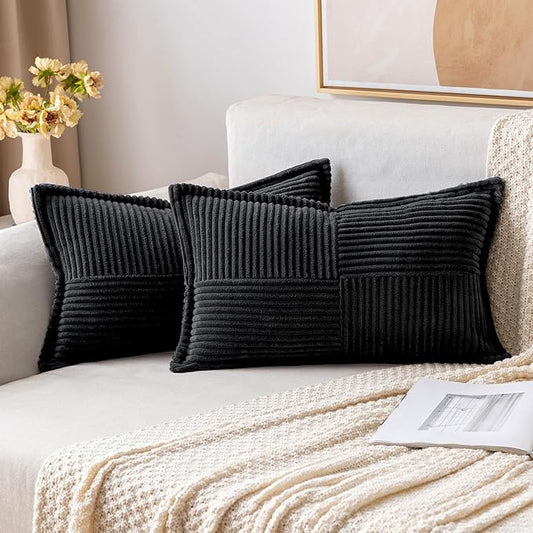 MIULEE Decorative Lumbar Throw Pillow Covers for Couch Bed Livingroom 12x20 Inch Set of 2 Black Boho Accent Throw Pllows Broadside Striped Patchwork Soft Corduroy Pillowcases