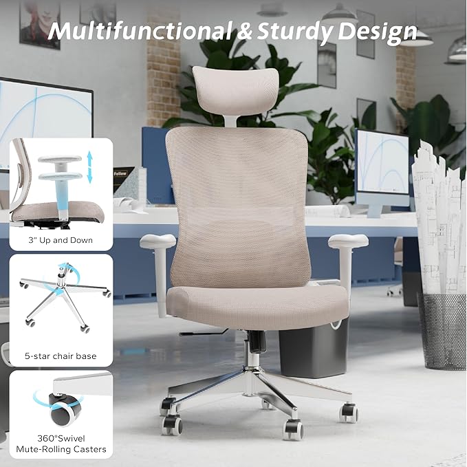 Ergonomic Office Chair, Mesh Desk Chair with Adjustable Headrest and 2D Armrest，Computer Chairs with Lumbar Support, Big and Tall Office Chair 400lbs, Large (01khaki)