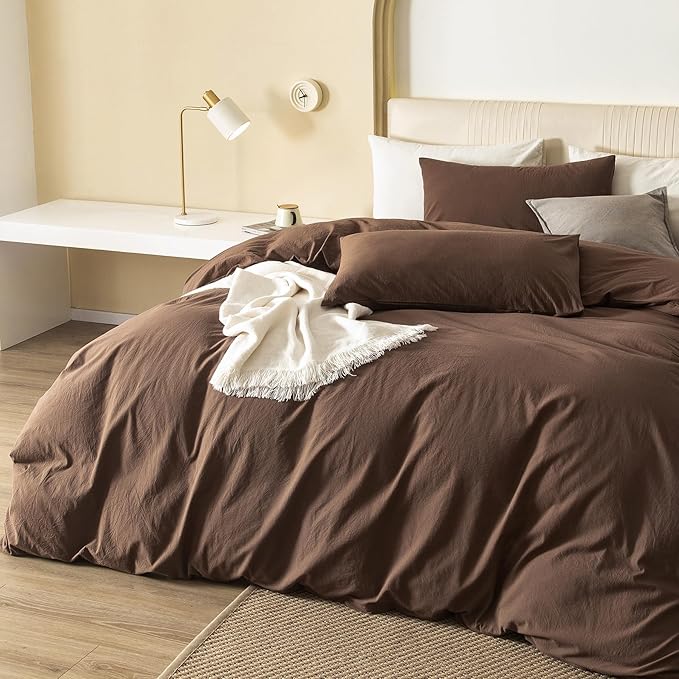 JIYUAN 100% Washed Cotton Duvet Cover Set 3 PCS Oversized King Plus, 1 Duvet Cover 128"x120"(Comforter Not Included) and 2 Pillowcases,Linen Feel Bedding Set Comfy and Breathable,Chocolate Brown