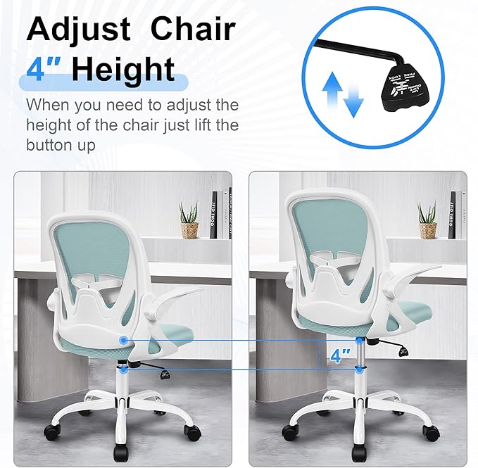 Primy Office Chair Ergonomic Desk Chair with Adjustable Lumbar Support and Height, Swivel Breathable Desk Mesh Computer Chair with Flip up Armrests for Conference Room（Light Blue）