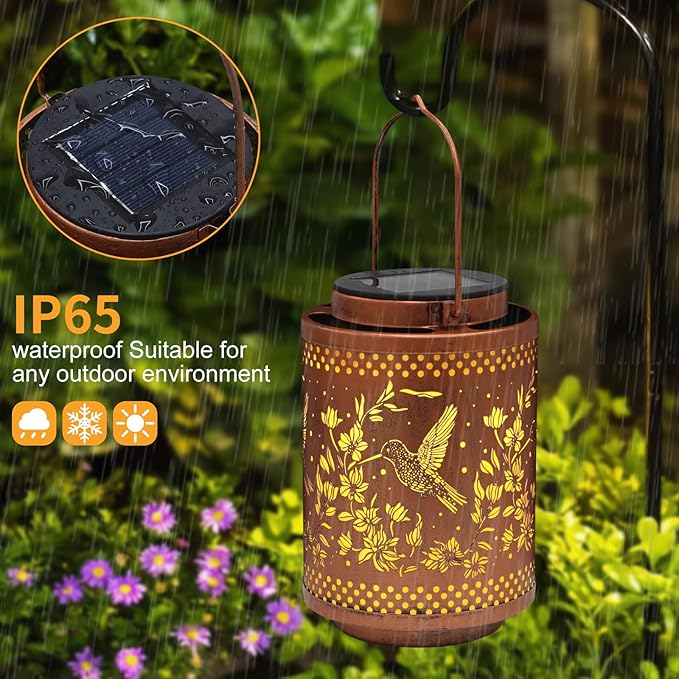 2 Pack Hummingbird Solar Lanterns Garden Decor Birthday Gifts for Women Mon Grandma Metal Hanging Solar Lights Waterproof Outdoor Decoration for Outside LED Lanterns for Yard Patio Lawn