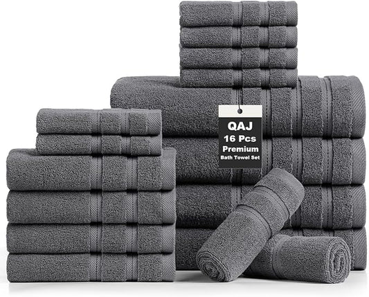 16-Piece Bath Towels Set, 100% Cotton Thick Soft Highly Absorbent Durable, Quick Dry, Bathroom Towels Set (4 Bath Towels, 4 Hand Towels, 8 Washcloths) - Perfect for Daily Use