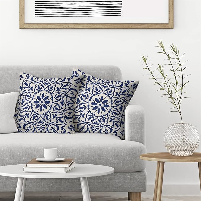 Navy Blue Boho Pillow Covers 18x18 Set of 2, Bohemian Ethnic Carpet Pattern Design Decorative Throw Pillows Linen Blue Print Farmhouse Cushion Pillow Covers for Sofa Couch Outdoor Decor