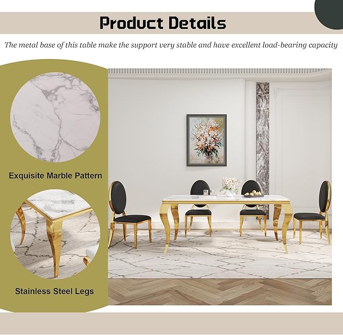 7-Piece Dining Table Set for 6, Faux Marble Modern Dining Table Set with 6 Round Backrest Upholstered Chairs, 70“ Stainless Steel Legs Table & Chair Set for Kitchen, Black & Gold