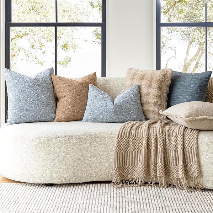 Foindtower Set of 2, Decorative Textured Boucle Throw Pillow Covers Accent Solid Pillow Cases Neutral Soft Cozy Couch Cushion Case for Chair Sofa Bedroom Living Room Home Decor 16 x 16 Inch Light Blue