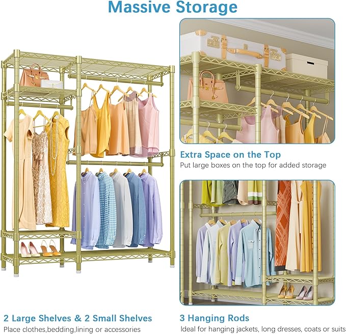 VIPEK V2S Heavy Duty Clothes Rack 4 Tiers Wire Shelving Garment Racks with 3 Hanging Rods Compact Freestanding Closet Metal Closet Rack, Max Load 700LBS, Gold