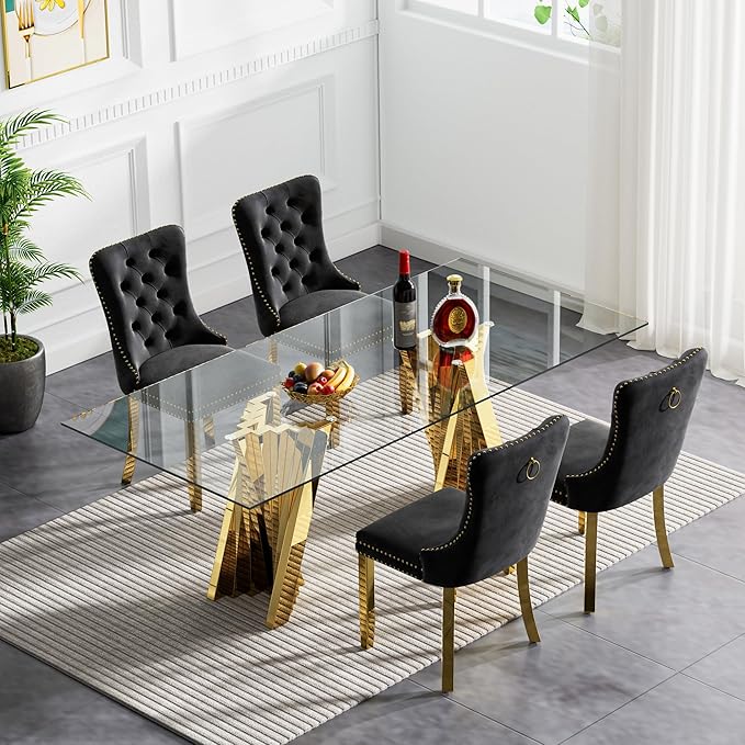 Goujxcy Modern 5 Piece Glass Dining Table Set Luxury Glass Kitchen Table and Chair Set for 4, 70" Large Rectangular Dining Room Table with 4 Tufted Chairs and Stainless Steel Legs (Gold & Black)