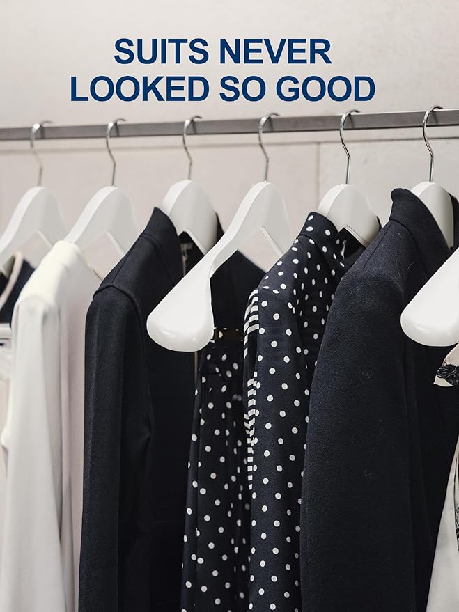 HOUSE DAY High-Grade Solid Wood Coat Hangers for Women, Wide Shoulder Wooden Hangers, Suit Hangers with Non Slip Pants Bar, Smooth Finish 360° Swivel Hook for Dress, Heavy Clothes Hangers 6 Pack White