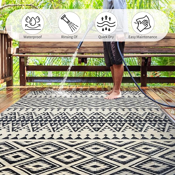 Waterproof Outdoor Rug 6x9ft, Bohemia Reversible Plastic Straw Mat for Patio RV Deck Porch Backyard Balcony Camping Picnic Beach Indoor Outdoor Carpet, Black&Beige