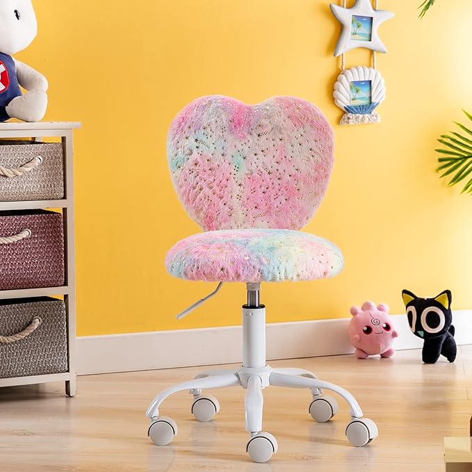 Small Kids Chair, Cute Heart Girls Desk Chair, Rolling Study Chairs Furry Pink Computer Chairs, Faux Fur Swivel Vanity Chairs for Children Bedroom/Study, Colorful