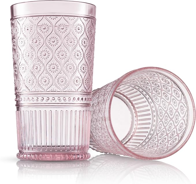 Godinger Highball Drinking Glasses, Acrylic Drinking Glasses Set, Elegant Tall Plastic Cups, Vintage Romantic Decor - Set of 4, Blush